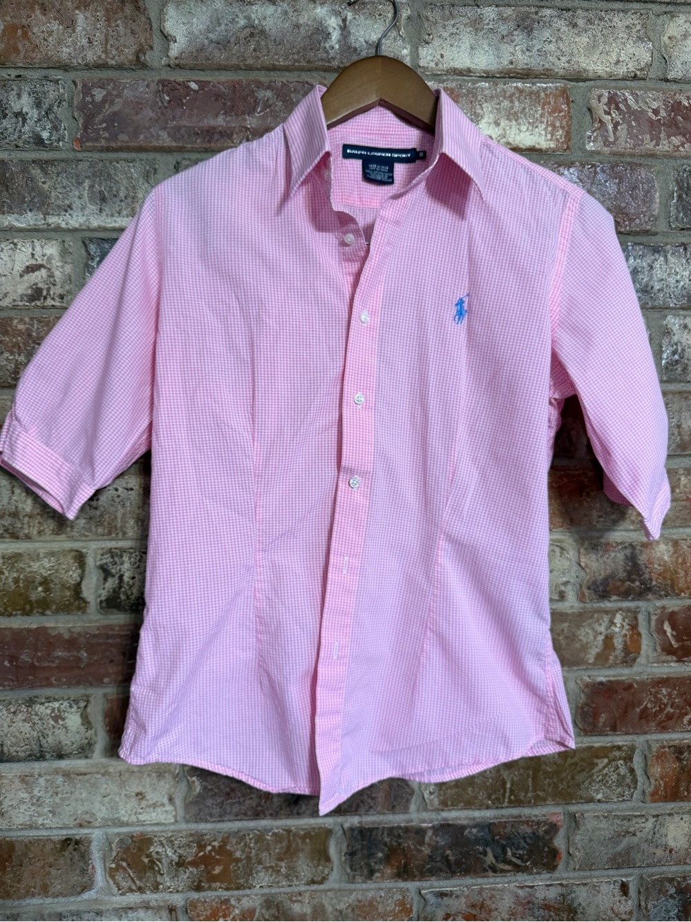 Ralph Lauren Pink Gingham Short-Sleeve Button-Up with Blue Pony